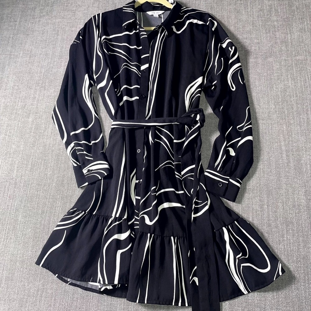 Nine West Shirt Dress Womens L Navy White Abstract Print Belt Waist Button Front